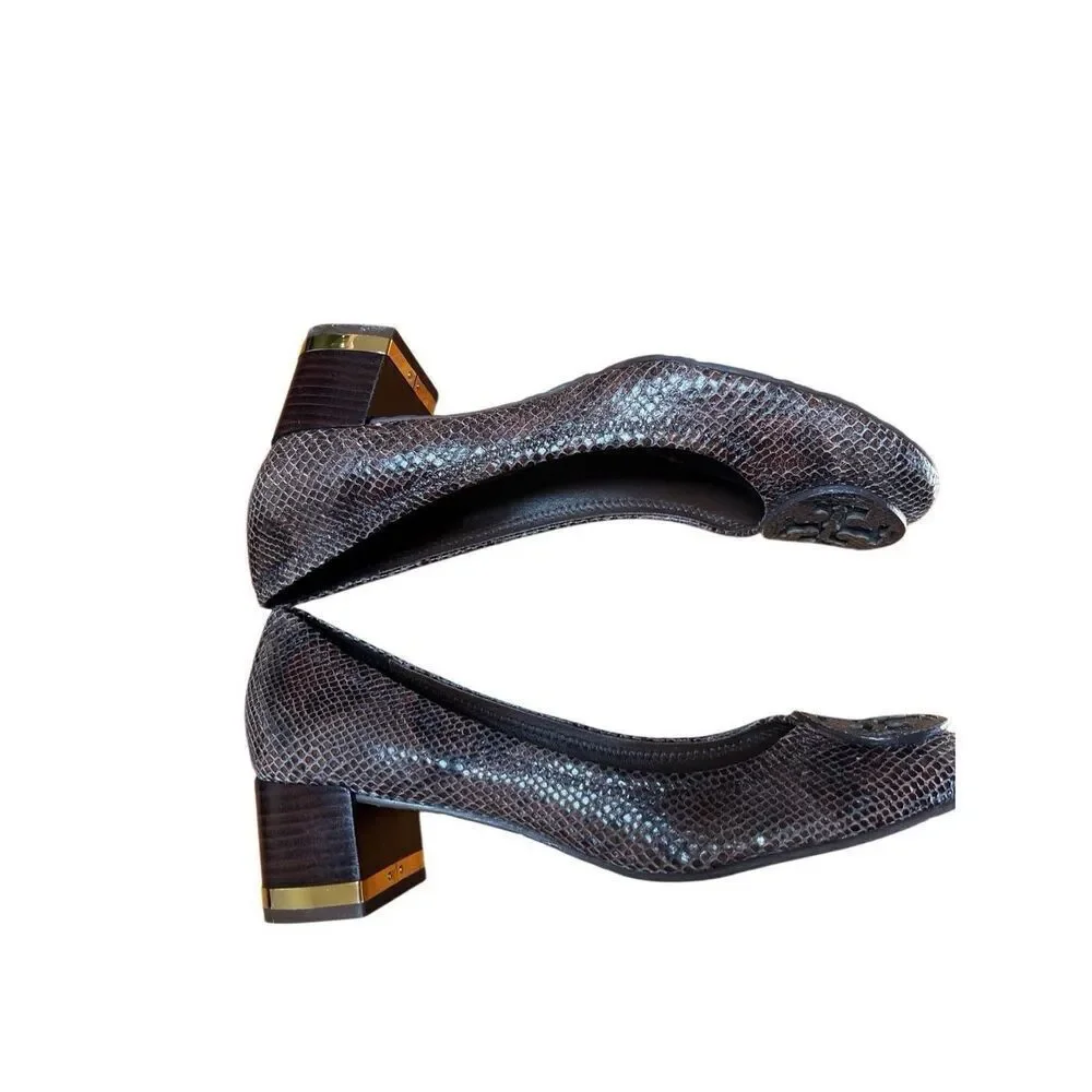 NWOB Tory Burch Amy Brown Snake Skin Leather Block Low Heels 10.5 US